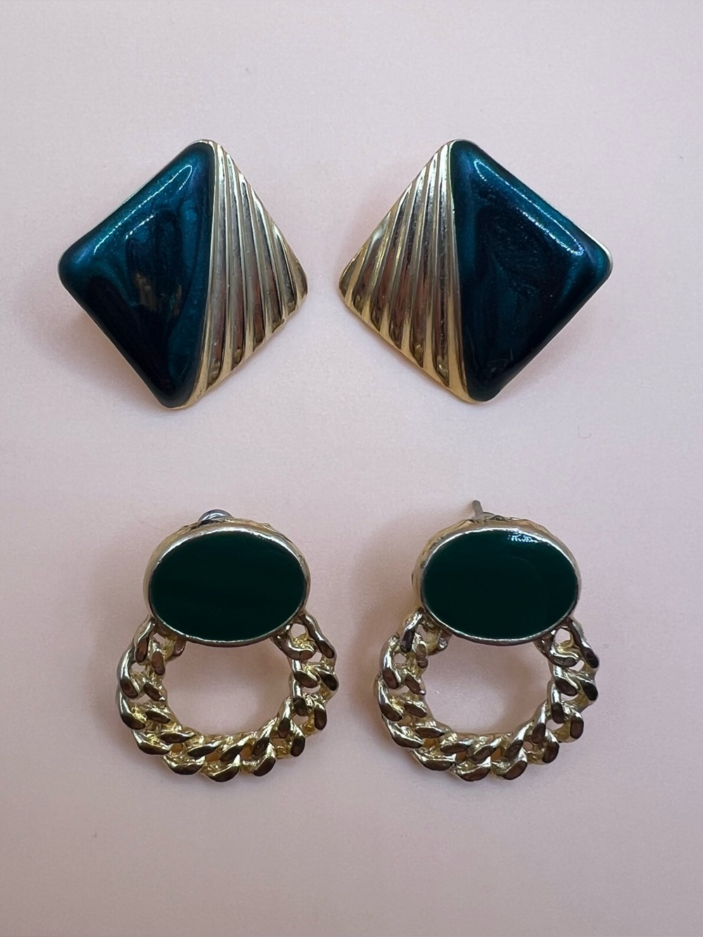Vintage 80’s Retro Green and Gold Fashion Earrings Maximalist Glamour Two Pairs